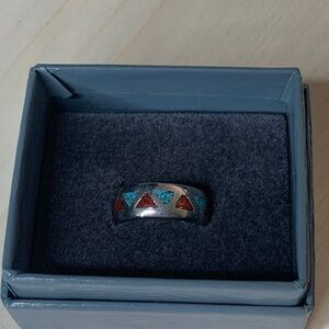 Silver Ring with Turquoise and Red Accents size 6.5
